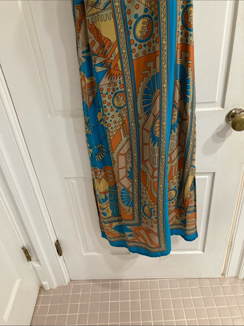 Silk Sleeveless Blue and Tan Printed Maxi Dress - Picture 3 of 6